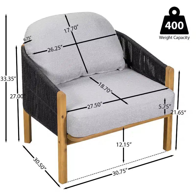 ModernLuxe Outdoor Rope Club Chair Patio Armchair Modern Accent Chair, Weather-Resistant Acacia Wood Frame & Cushion (Set of 1/2)