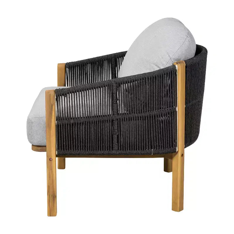 ModernLuxe Outdoor Rope Club Chair Patio Armchair Modern Accent Chair, Weather-Resistant Acacia Wood Frame & Cushion (Set of 1/2)