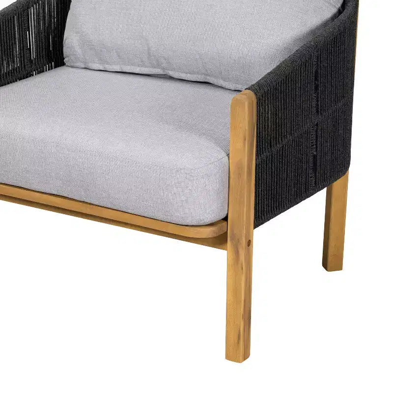 ModernLuxe Outdoor Rope Club Chair Patio Armchair Modern Accent Chair, Weather-Resistant Acacia Wood Frame & Cushion (Set of 1/2)