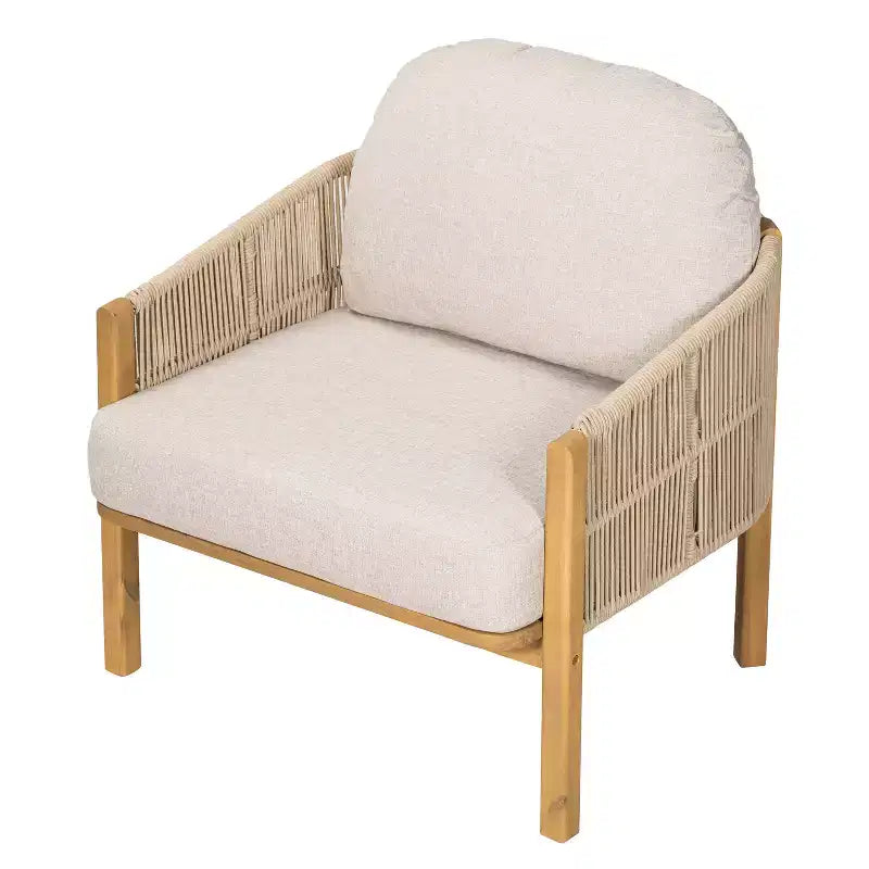 ModernLuxe Outdoor Rope Club Chair Patio Armchair Modern Accent Chair, Weather-Resistant Acacia Wood Frame & Cushion (Set of 1/2)