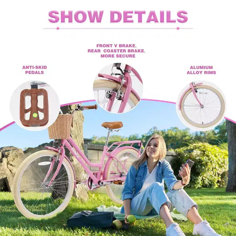 NAYSAYE 24 Inch Girls Cruiser Bike Speed Hybrid City Bicycle for Youth 7-10+ Years Old with Wicker Basket & Rear Rack, Kids Cycle Bikes