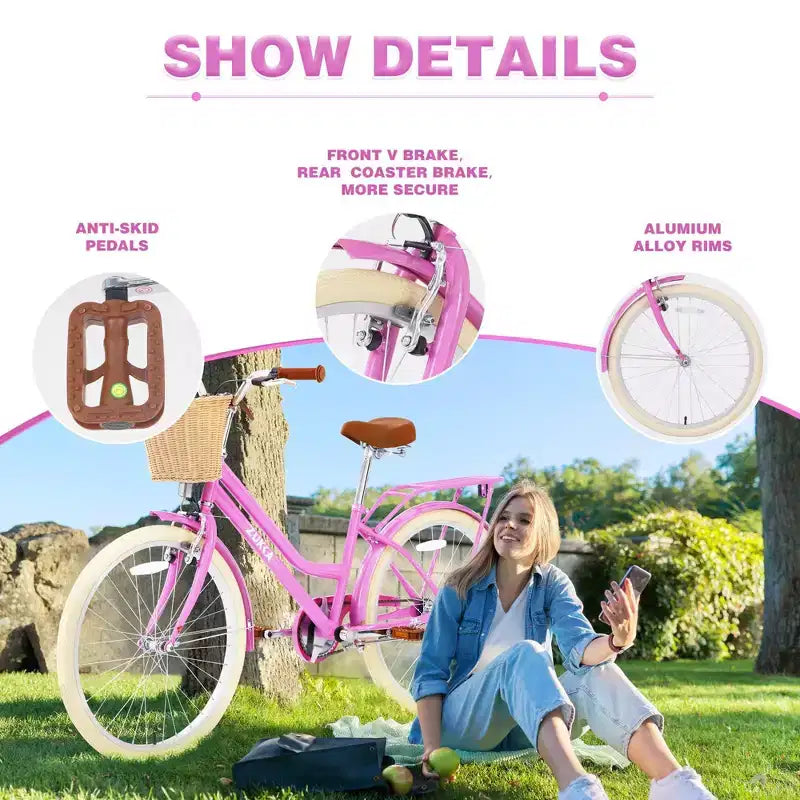 NAYSAYE 24 Inch Girls Cruiser Bike Speed Hybrid City Bicycle for Youth 7-10+ Years Old with Wicker Basket & Rear Rack, Kids Cycle Bikes