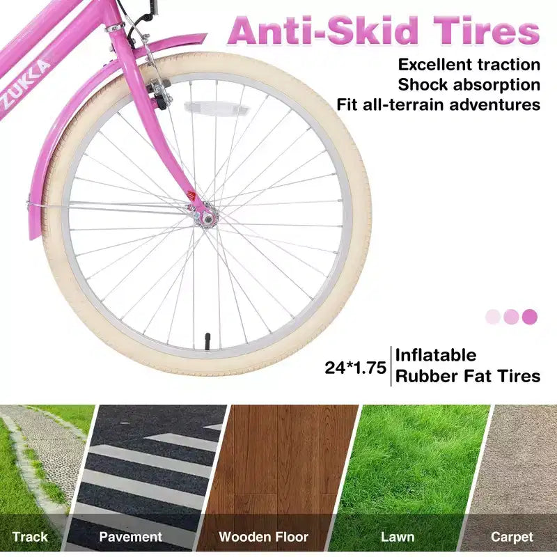 NAYSAYE 24 Inch Girls Cruiser Bike Speed Hybrid City Bicycle for Youth 7-10+ Years Old with Wicker Basket & Rear Rack, Kids Cycle Bikes