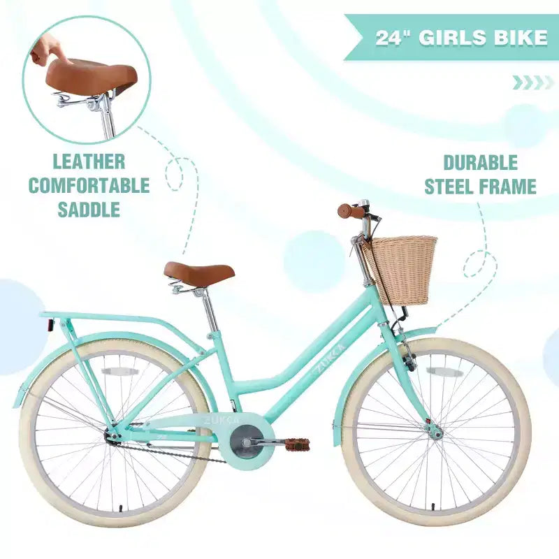 NAYSAYE 24 Inch Girls Cruiser Bike Speed Hybrid City Bicycle for Youth 7-10+ Years Old with Wicker Basket & Rear Rack, Kids Cycle Bikes