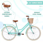 NAYSAYE 24 Inch Girls Cruiser Bike Speed Hybrid City Bicycle for Youth 7-10+ Years Old with Wicker Basket & Rear Rack, Kids Cycle Bikes