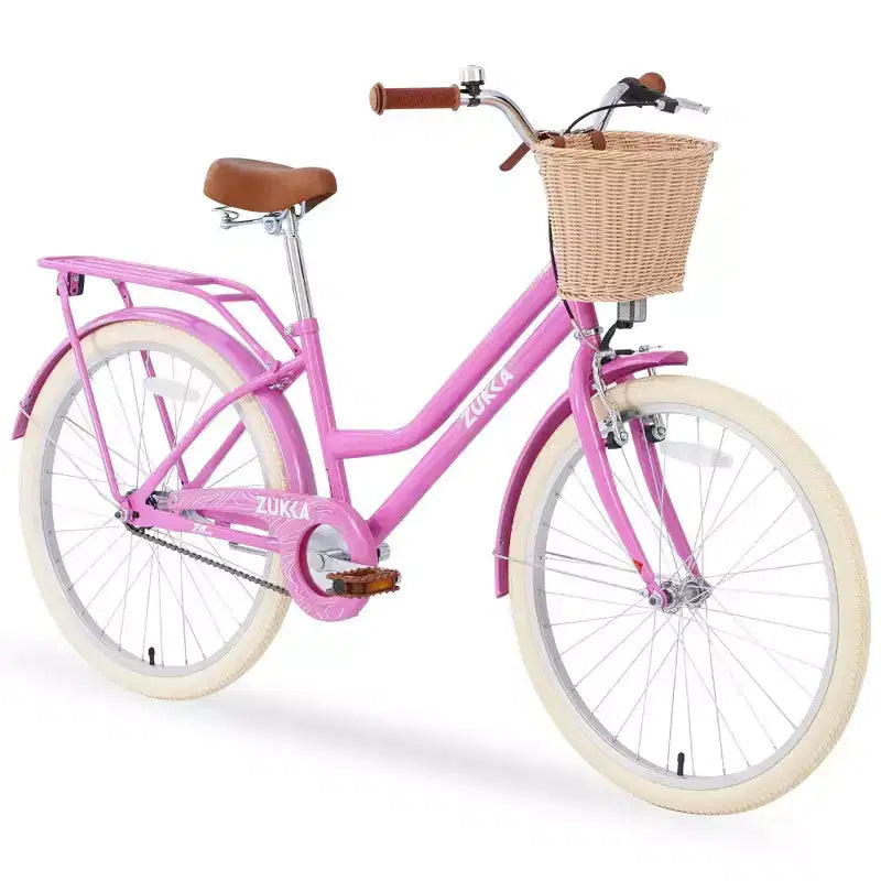 NAYSAYE Bicicletta Cruiser da 24 pollici per ragazze, bici ibrida da città con velocità, per ragazzi di 7-10+ anni, con cestino in vimini e portapacchi posteriore, bicicletta da bambino