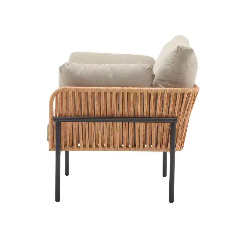 Set of 2 36-Inch Beige and Light Wood-Tone Rope Iron Lounge Chairs with Cushions, for Modern Decor