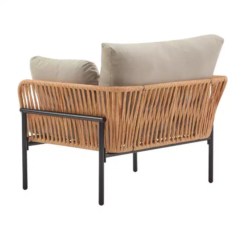 Set of 2 36-Inch Beige and Light Wood-Tone Rope Iron Lounge Chairs with Cushions, for Modern Decor