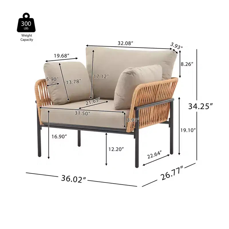 Set of 2 36-Inch Beige and Light Wood-Tone Rope Iron Lounge Chairs with Cushions, for Modern Decor