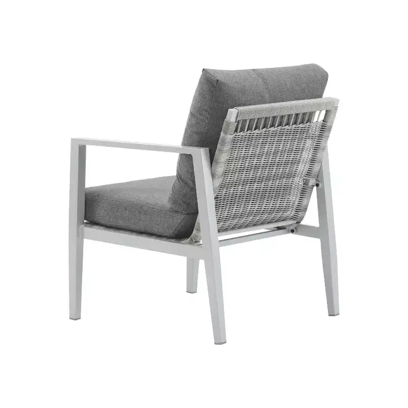 Silver Aluminum Lounge Chair with Rope Accents and Comfortable Cushions, for Modern Outdoor and Indoor Spaces