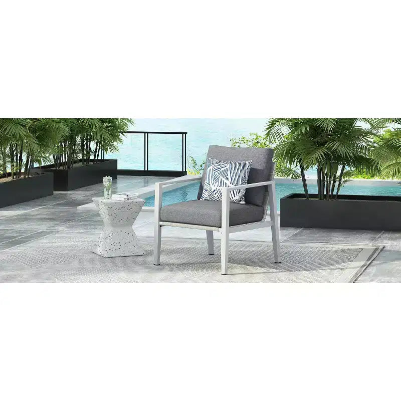 Silver Aluminum Lounge Chair with Rope Accents and Comfortable Cushions, for Modern Outdoor and Indoor Spaces