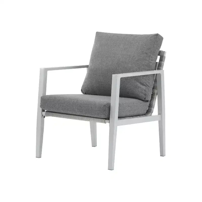 Silver Aluminum Lounge Chair with Rope Accents and Comfortable Cushions, for Modern Outdoor and Indoor Spaces