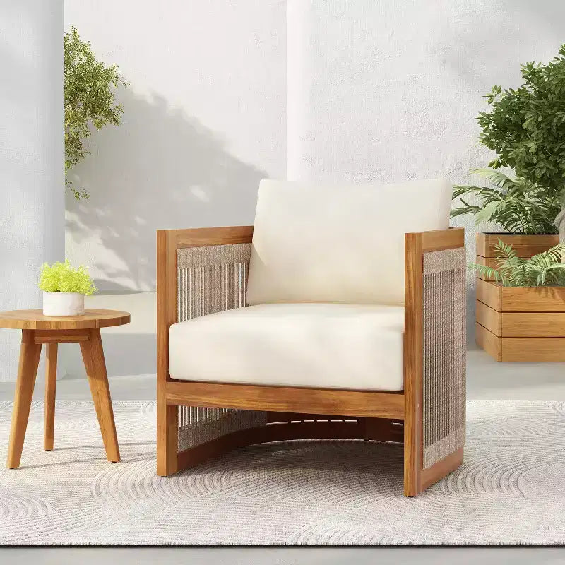 Poltrona da esterno Premium in legno di acacia con inserti in corda intrecciata, cuscini resistenti all'acqua, per patio