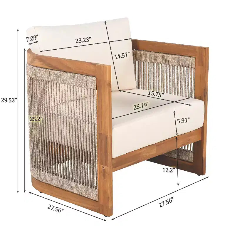Poltrona da esterno Premium in legno di acacia con inserti in corda intrecciata, cuscini resistenti all'acqua, per patio