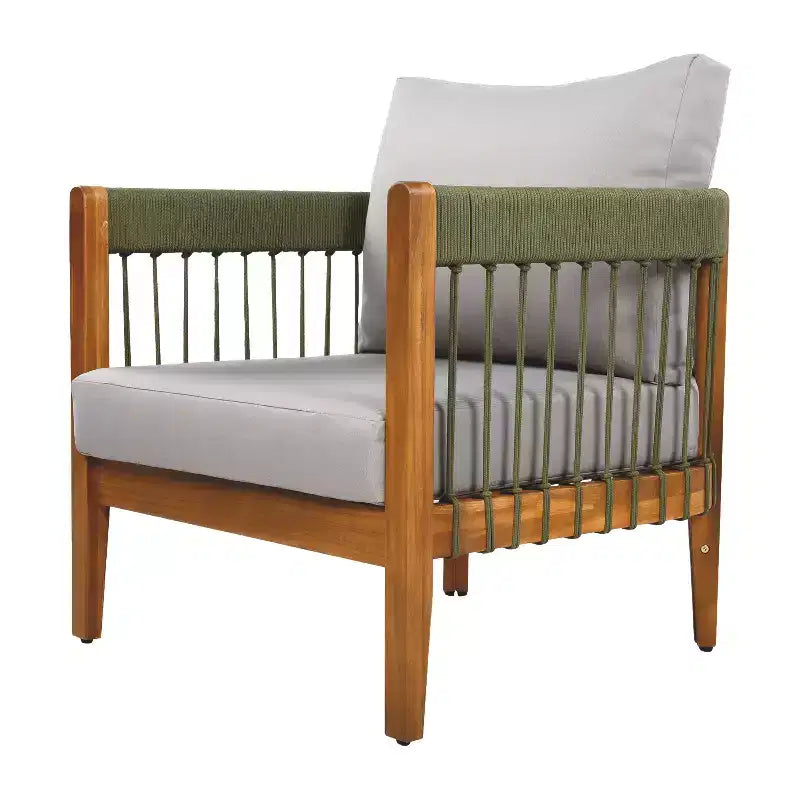 Acacia Wood Outdoor Club Chair with Handwoven Rope Accents and Curved Backrest, Removable Cushions, for Patio