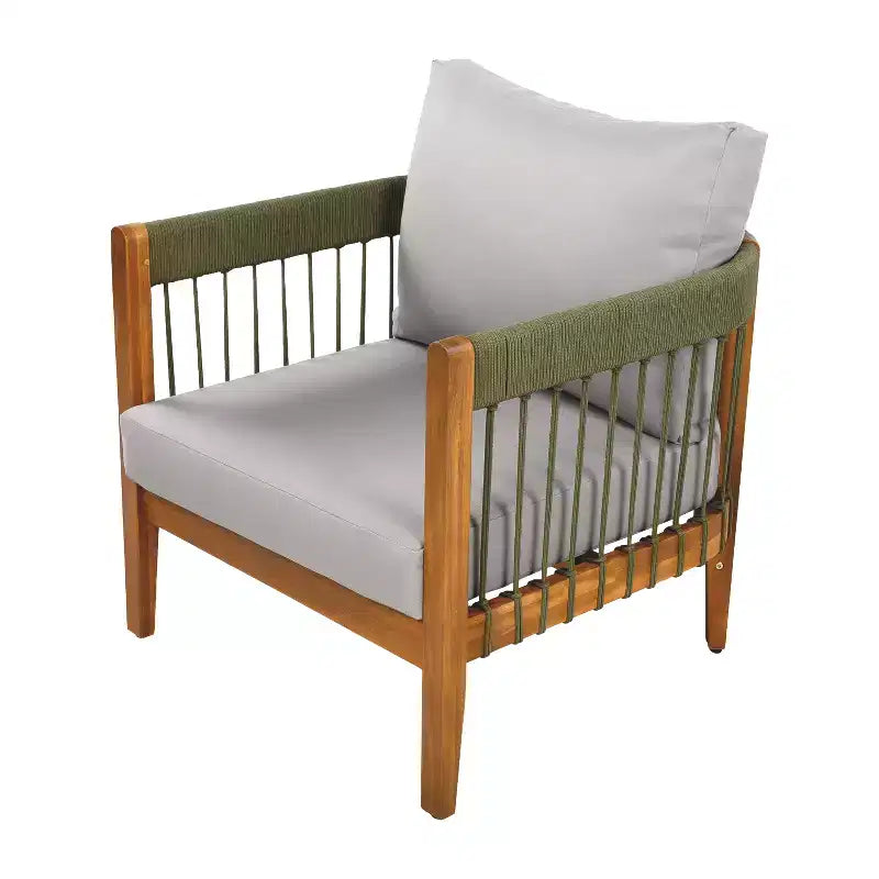 Acacia Wood Outdoor Club Chair with Handwoven Rope Accents and Curved Backrest, Removable Cushions, for Patio
