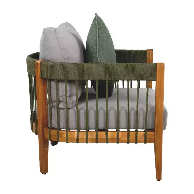 Acacia Wood Outdoor Club Chair with Handwoven Rope Accents and Curved Backrest, Removable Cushions, for Patio