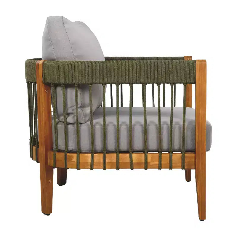 Acacia Wood Outdoor Club Chair with Handwoven Rope Accents and Curved Backrest, Removable Cushions, for Patio