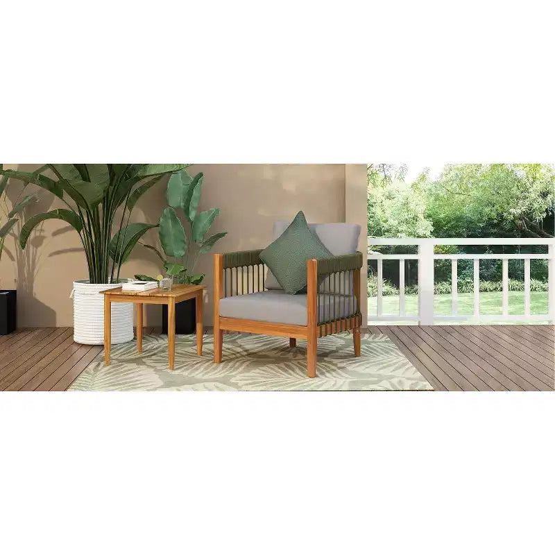 Acacia Wood Outdoor Club Chair with Handwoven Rope Accents and Curved Backrest, Removable Cushions, for Patio