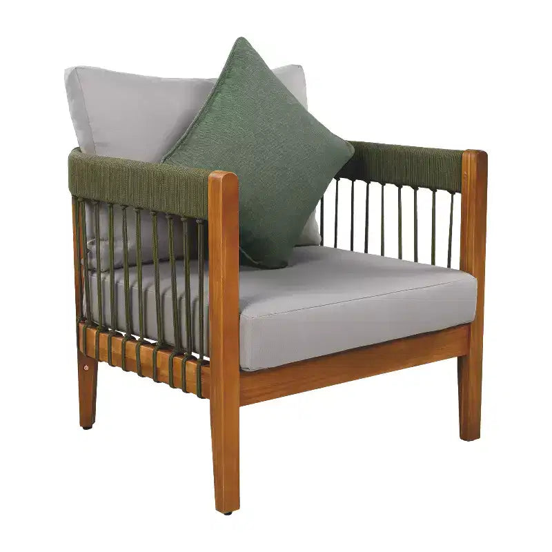 Acacia Wood Outdoor Club Chair with Handwoven Rope Accents and Curved Backrest, Removable Cushions, for Patio