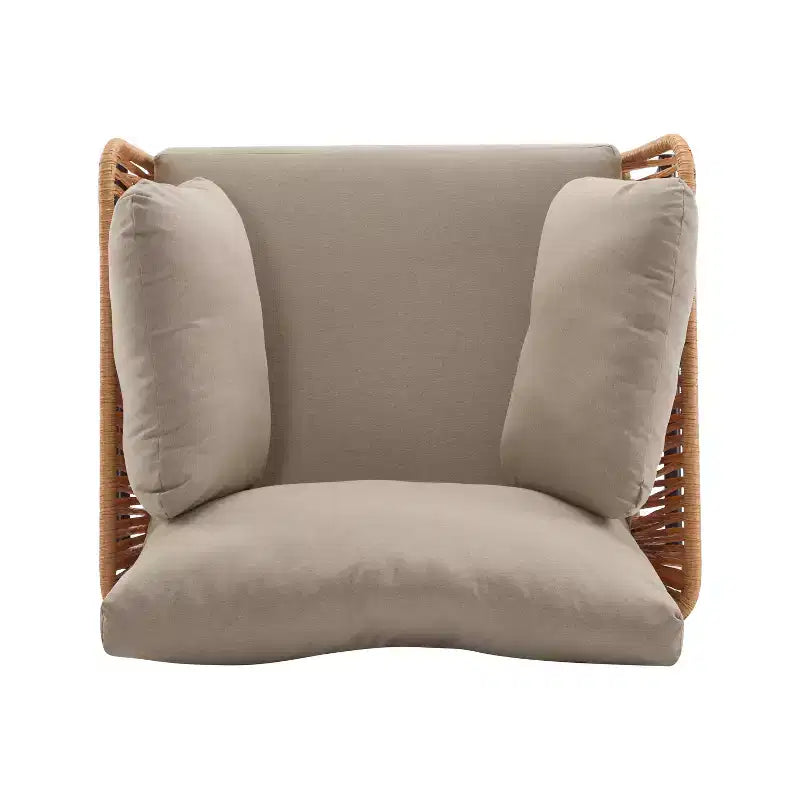 36-Inch Beige and Light Wood-Tone Rope Iron Lounge Chair with Cushions, for Natural Spaces