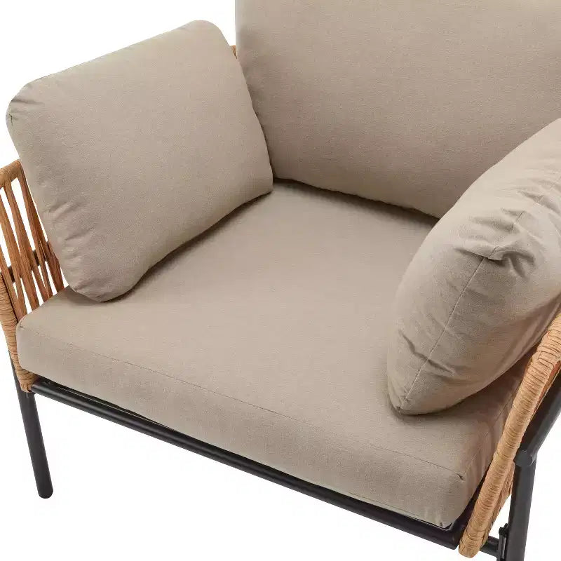 36-Inch Beige and Light Wood-Tone Rope Iron Lounge Chair with Cushions, for Natural Spaces