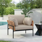 36-Inch Beige and Light Wood-Tone Rope Iron Lounge Chair with Cushions, for Natural Spaces