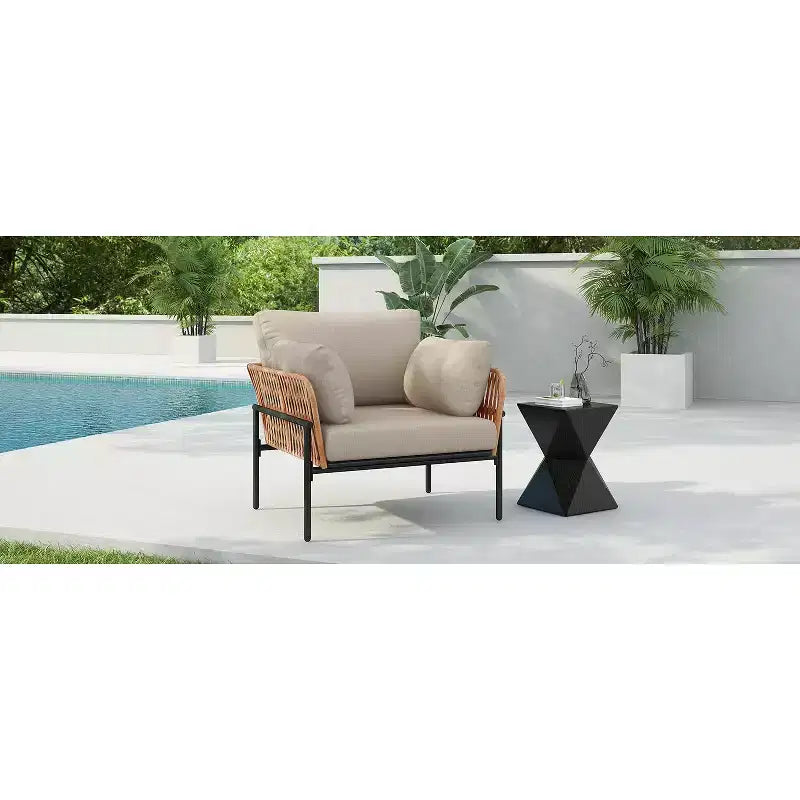36-Inch Beige and Light Wood-Tone Rope Iron Lounge Chair with Cushions, for Natural Spaces