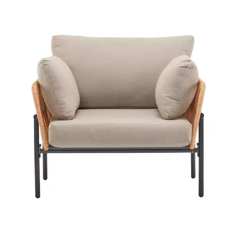 36-Inch Beige and Light Wood-Tone Rope Iron Lounge Chair with Cushions, for Natural Spaces