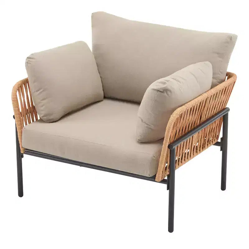 36-Inch Beige and Light Wood-Tone Rope Iron Lounge Chair with Cushions, for Natural Spaces