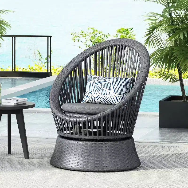 26.7-Inch Modern Swivel Wicker Lounge Chair with Rattan and Iron Frame, for Patio or Living Room