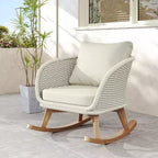 Contemporary Minimalist Beige Wicker Rocking Chair with Soft Cushions, for Patio or Balcony