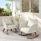 Set of 2 Contemporary Minimalist Beige Wicker Rocking Chairs with Soft Cushions, for Indoor and Outdoor Use