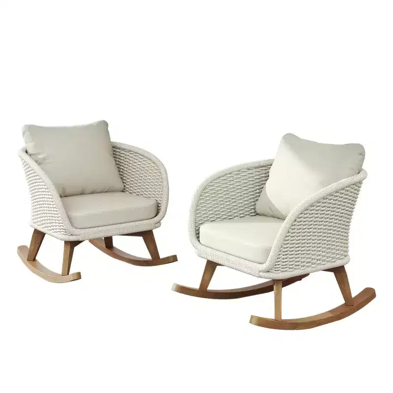 Set of 2 Contemporary Minimalist Beige Wicker Rocking Chairs with Soft Cushions, for Indoor and Outdoor Use