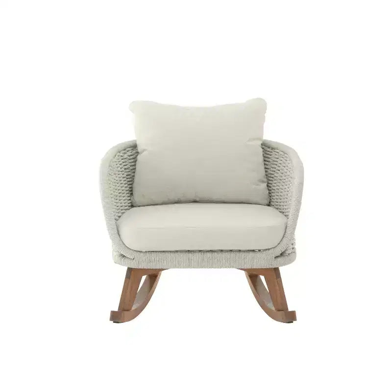 Set of 2 Contemporary Minimalist Beige Wicker Rocking Chairs with Soft Cushions, for Indoor and Outdoor Use