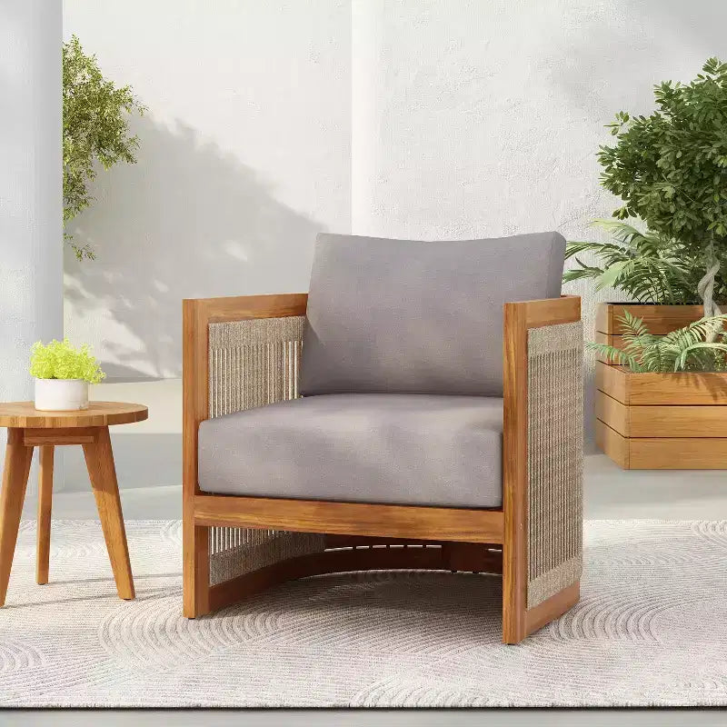 Poltrona da club da esterno in legno di acacia di alta qualità con design a vasca curva e corda intrecciata, per il giardino