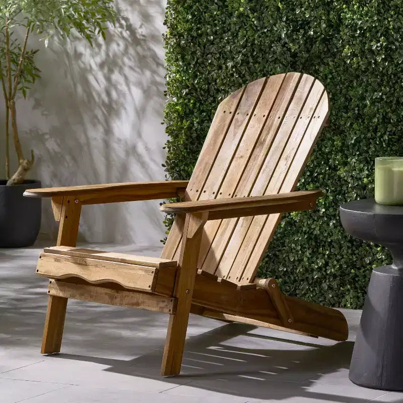 Zeus & Ruta Folding Adirondack Chair, Outdoor Wooden Lounge Chair with Slatted Back & Wide Armrests, Teak Finish