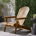 Zeus & Ruta Folding Adirondack Chair, Outdoor Wooden Lounge Chair with Slatted Back & Wide Armrests, Teak Finish