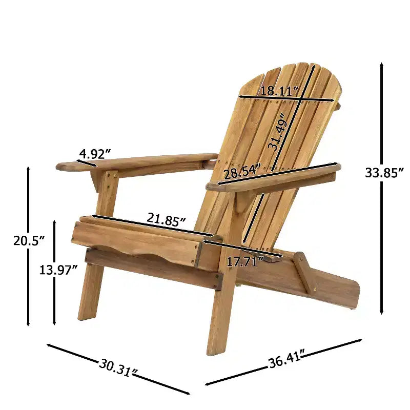 Zeus & Ruta Folding Adirondack Chair, Outdoor Wooden Lounge Chair with Slatted Back & Wide Armrests, Teak Finish