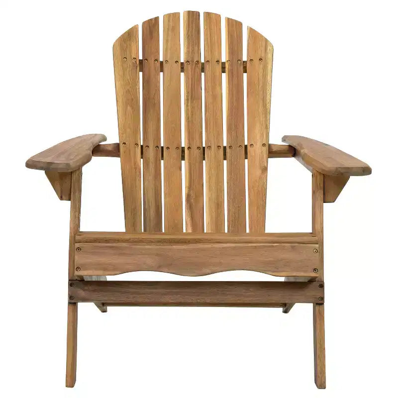 Zeus & Ruta Folding Adirondack Chair, Outdoor Wooden Lounge Chair with Slatted Back & Wide Armrests, Teak Finish