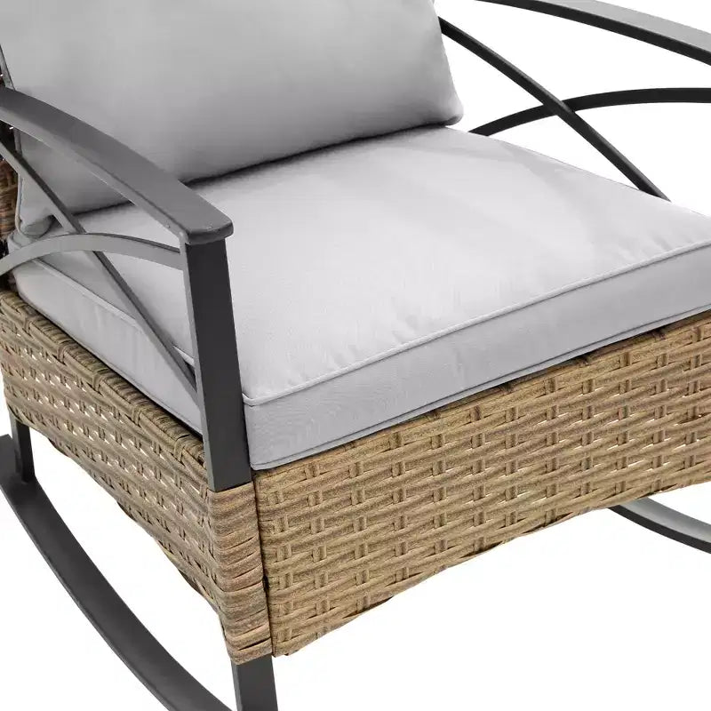 Zeus & Ruta 3-Piece Outdoor Rattan Rocking Chair Set, Patio Leisure Chairs with Cushions, Gray