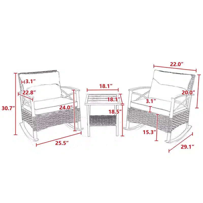 Zeus & Ruta 3-Piece Outdoor Rattan Rocking Chair Set, Patio Leisure Chairs with Cushions, Gray