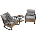 Zeus & Ruta 3-Piece Outdoor Rattan Rocking Chair Set, Patio Leisure Chairs with Cushions, Gray