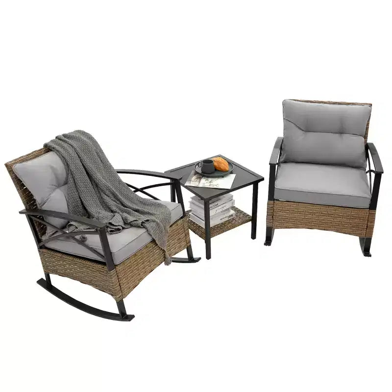 Zeus & Ruta 3-Piece Outdoor Rattan Rocking Chair Set, Patio Leisure Chairs with Cushions, Gray