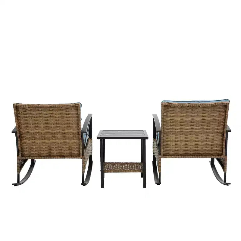 Zeus & Ruta 3-Piece Outdoor Rattan Rocking Chair Set, Patio Leisure Chairs with Cushions, Gray