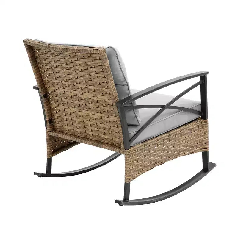 Zeus & Ruta 3-Piece Outdoor Rattan Rocking Chair Set, Patio Leisure Chairs with Cushions, Gray