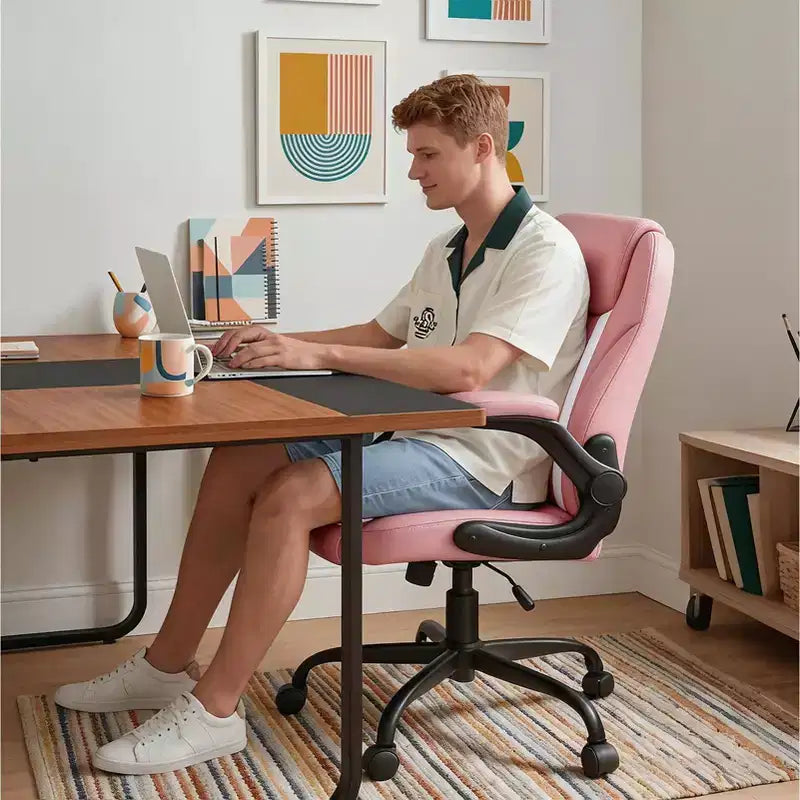 Sedia da ufficio ergonomica Pinmoco con cuscino a doppio strato, sedia da gaming con ruote e braccioli ribaltabili, in pelle PU