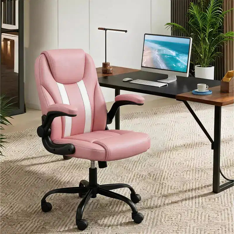 Sedia da ufficio ergonomica Pinmoco con cuscino a doppio strato, sedia da gaming con ruote e braccioli ribaltabili, in pelle PU