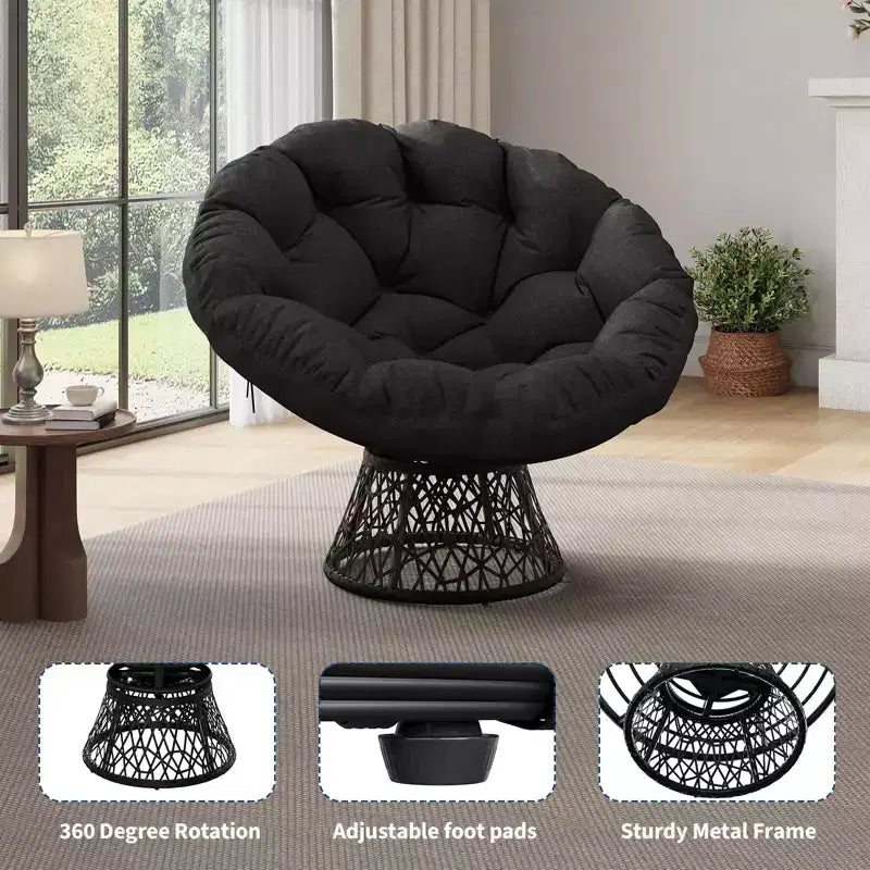 Poltrona Papasan da 37 pollici Ergonomica in Rattan con Cuscino Extra Spesso, Base Girevole a 360° in Acciaio Resistente per Soggiorno, Camera da Letto, Angolo Lettura