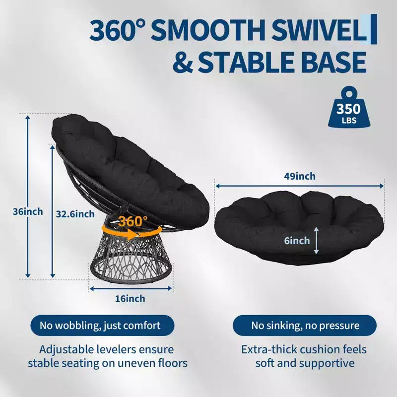 Poltrona Papasan da 37 pollici Ergonomica in Rattan con Cuscino Extra Spesso, Base Girevole a 360° in Acciaio Resistente per Soggiorno, Camera da Letto, Angolo Lettura